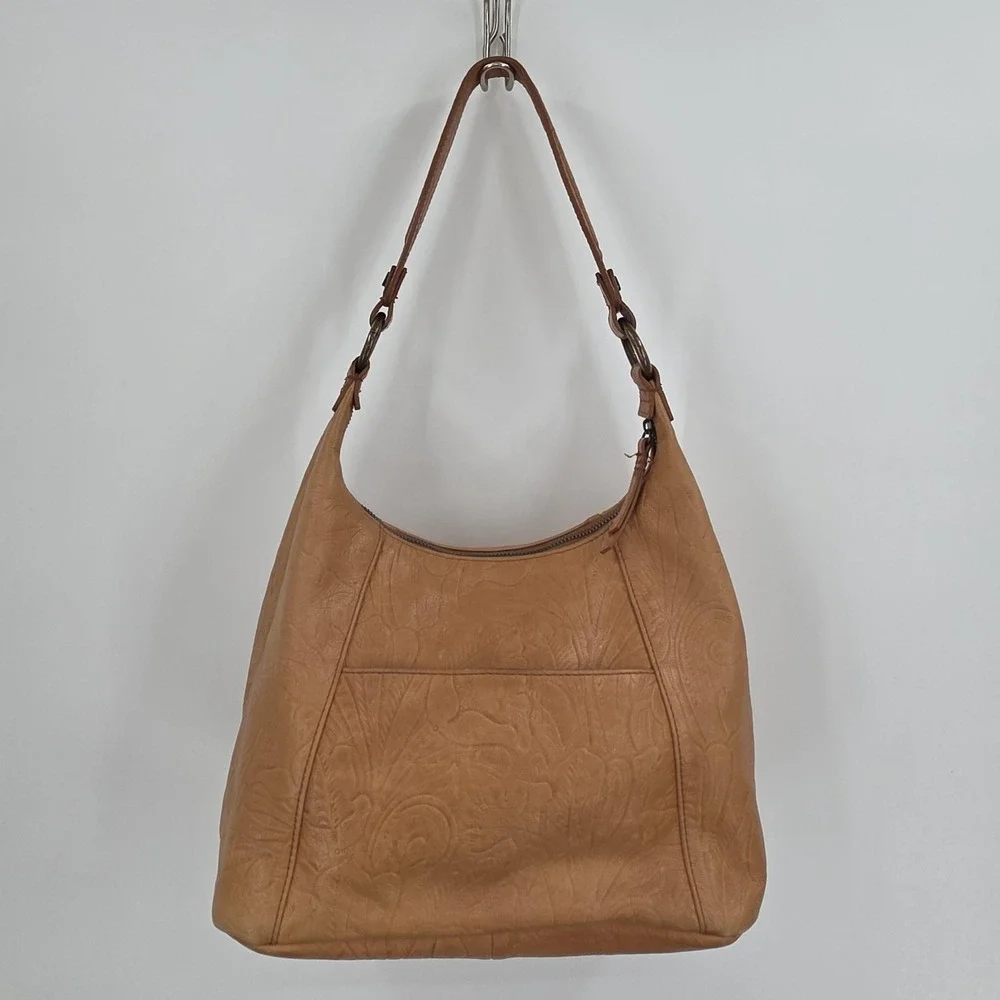 American Leather Co Hobo Bag Large Tan‎ Floral Embossed Leather Purse Slouchy